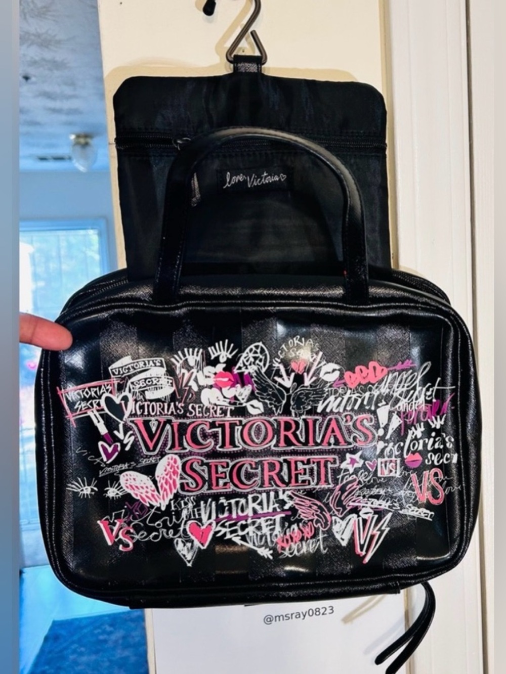 Victoria's Secret Black Cosmetic Bag with Pink & White Graffiti Logo | NWOTs